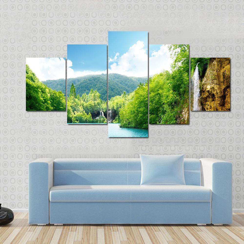 Waterfall In Deep Forest Of Croatia Canvas Wall Art-5 Star-Gallery Wrap-62" x 32"-Tiaracle