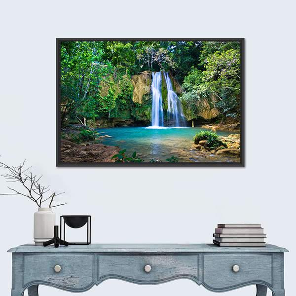 Waterfall In Deep Green Forest Canvas Wall Art-1 Piece-Floating Frame-24" x 16"-Tiaracle