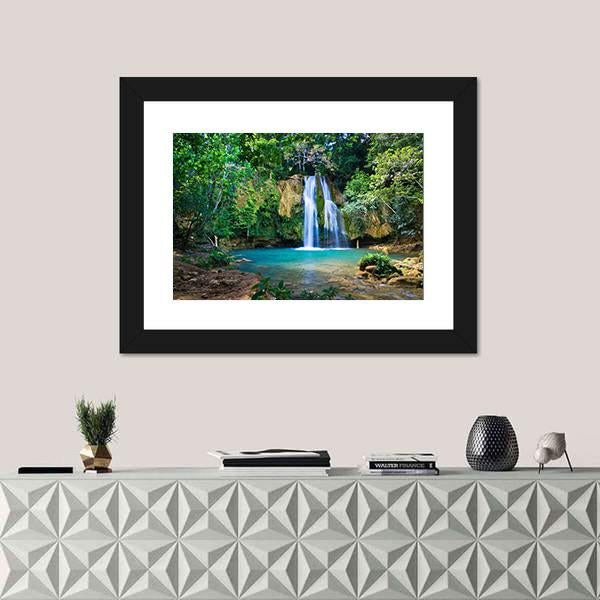 Waterfall In Deep Green Forest Canvas Wall Art-1 Piece-Framed Print-20" x 16"-Tiaracle