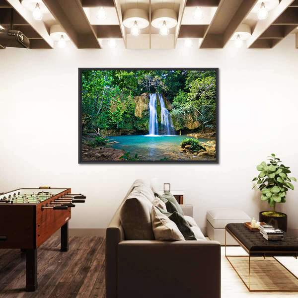 Waterfall In Deep Green Forest Canvas Wall Art-3 Horizontal-Gallery Wrap-25" x 16"-Tiaracle