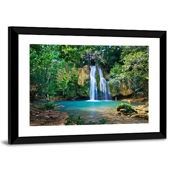 Waterfall In Deep Green Forest Canvas Wall Art-3 Horizontal-Gallery Wrap-25" x 16"-Tiaracle