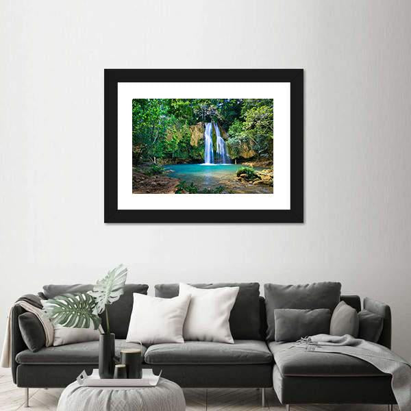 Waterfall In Deep Green Forest Canvas Wall Art-3 Horizontal-Gallery Wrap-25" x 16"-Tiaracle