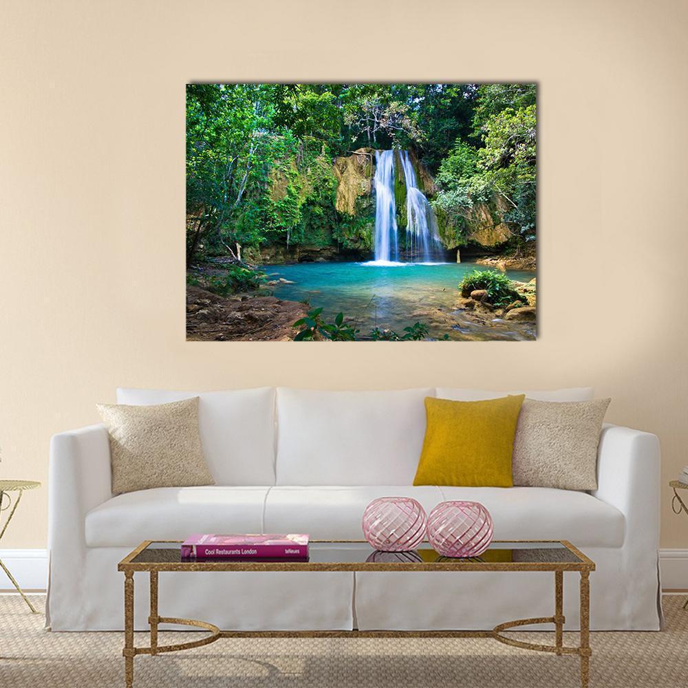 Waterfall In Deep Green Forest Canvas Wall Art-1 Piece-Gallery Wrap-48" x 32"-Tiaracle