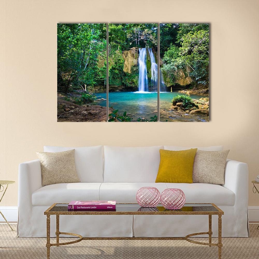 Waterfall In Deep Green Forest Canvas Wall Art-3 Horizontal-Gallery Wrap-37" x 24"-Tiaracle