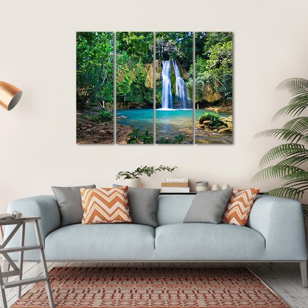 Waterfall In Deep Green Forest Canvas Wall Art-4 Horizontal-Gallery Wrap-34" x 24"-Tiaracle