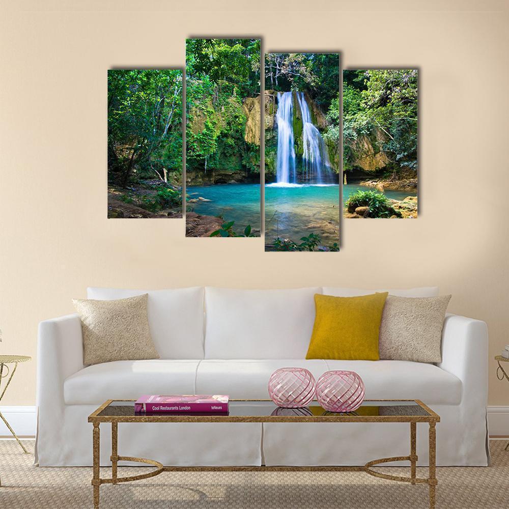Waterfall In Deep Green Forest Canvas Wall Art-4 Pop-Gallery Wrap-50" x 32"-Tiaracle