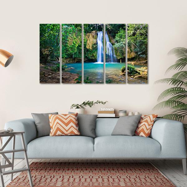 Waterfall In Deep Green Forest Canvas Wall Art-5 Horizontal-Gallery Wrap-22" x 12"-Tiaracle