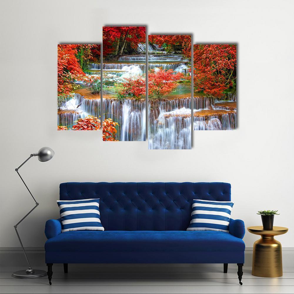 Waterfall In Deep Rain Forest Jungle Canvas Wall Art-4 Pop-Gallery Wrap-50" x 32"-Tiaracle