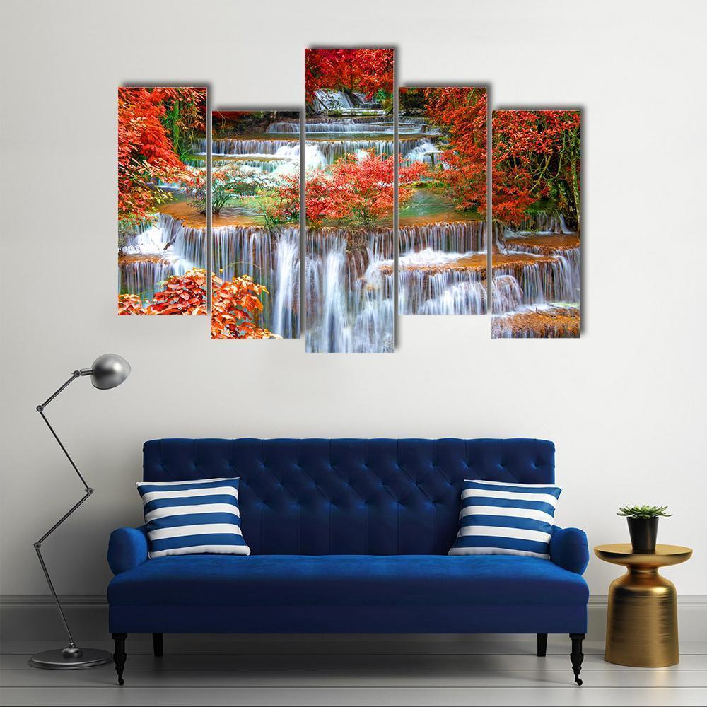 Waterfall In Deep Rain Forest Jungle Canvas Wall Art-5 Pop-Gallery Wrap-47" x 32"-Tiaracle