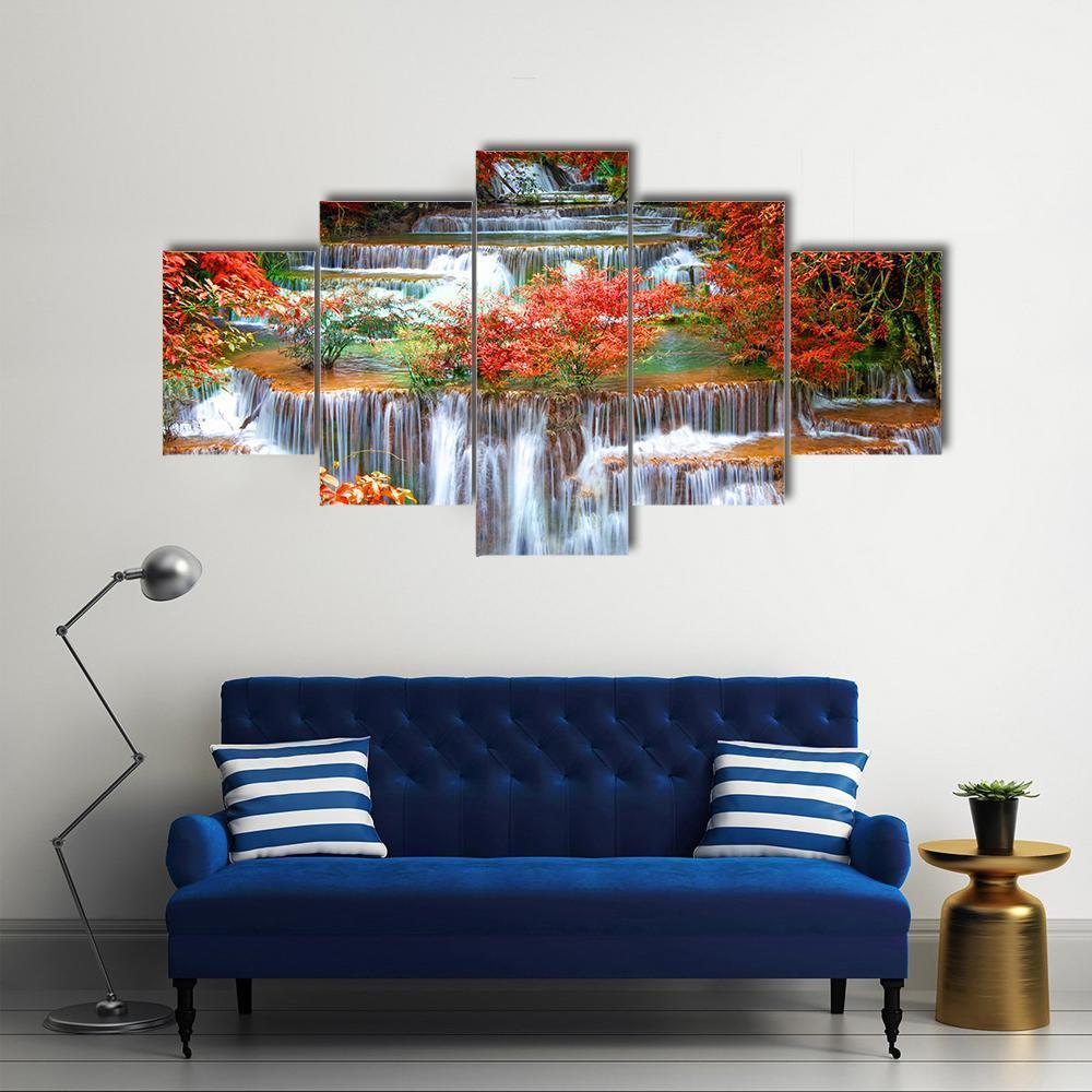 Waterfall In Deep Rain Forest Jungle Canvas Wall Art-5 Star-Gallery Wrap-62" x 32"-Tiaracle