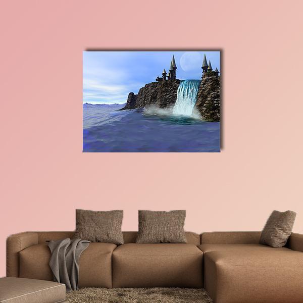 Fantasy Castle Waterfall at Twilight Canvas Wall Art in brown and blue, single panel hung on a wall