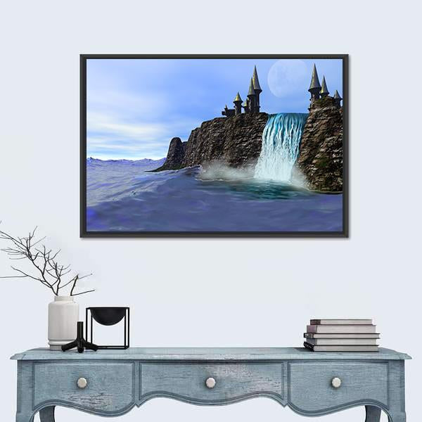 Waterfall In Fantasy Castle Canvas Wall Art-1 Piece-Floating Frame-24" x 16"-Tiaracle