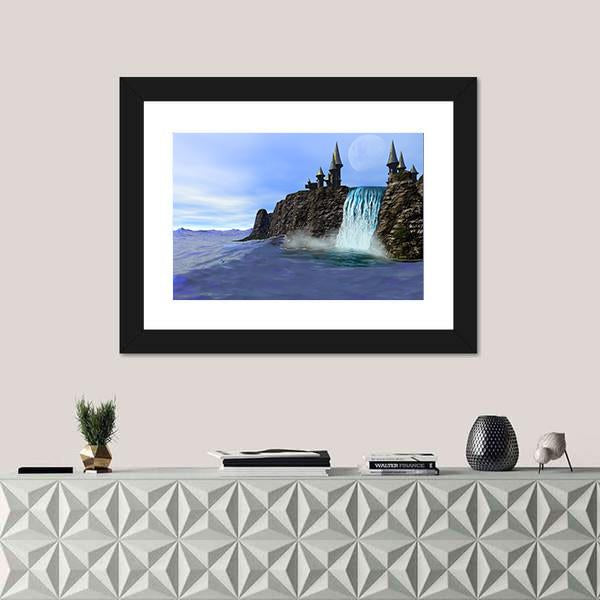 Waterfall In Fantasy Castle Canvas Wall Art-1 Piece-Framed Print-20" x 16"-Tiaracle