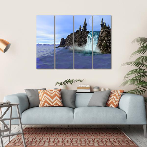 Waterfall In Fantasy Castle Canvas Wall Art-4 Horizontal-Gallery Wrap-34" x 24"-Tiaracle