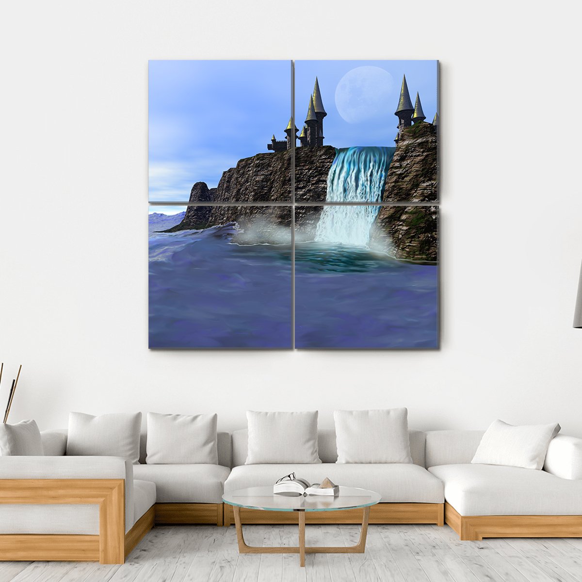 Waterfall In Fantasy Castle Canvas Wall Art-4 Square-Gallery Wrap-17" x 17"-Tiaracle