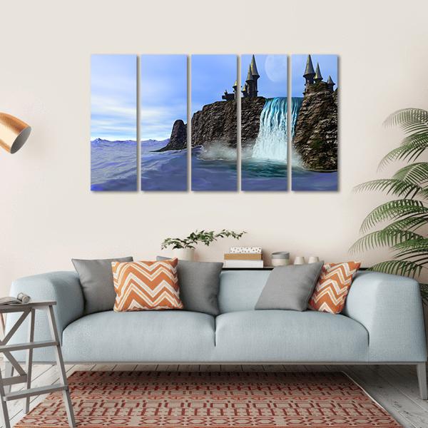 Waterfall In Fantasy Castle Canvas Wall Art-5 Horizontal-Gallery Wrap-22" x 12"-Tiaracle