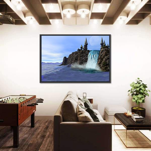Waterfall In Fantasy Castle Canvas Wall Art-3 Horizontal-Gallery Wrap-25" x 16"-Tiaracle
