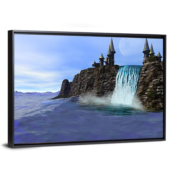 Waterfall In Fantasy Castle Canvas Wall Art-5 Horizontal-Gallery Wrap-22" x 12"-Tiaracle
