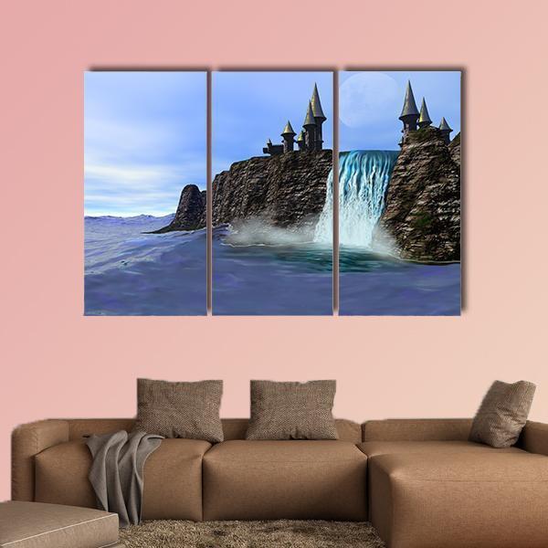 Waterfall In Fantasy Castle Canvas Wall Art-3 Horizontal-Gallery Wrap-37" x 24"-Tiaracle