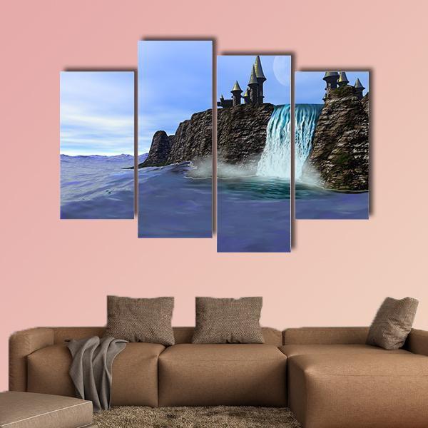 Waterfall In Fantasy Castle Canvas Wall Art-4 Pop-Gallery Wrap-50" x 32"-Tiaracle