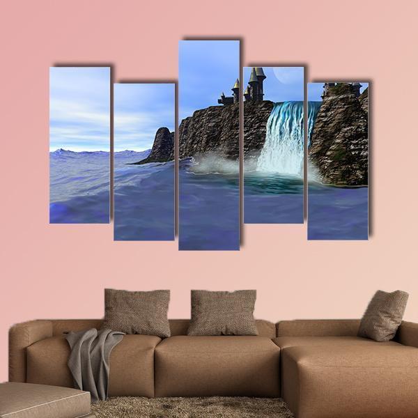 Waterfall In Fantasy Castle Canvas Wall Art-5 Pop-Gallery Wrap-47" x 32"-Tiaracle