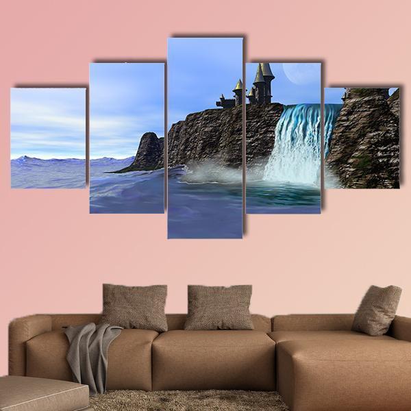 Waterfall In Fantasy Castle Canvas Wall Art-5 Star-Gallery Wrap-62" x 32"-Tiaracle