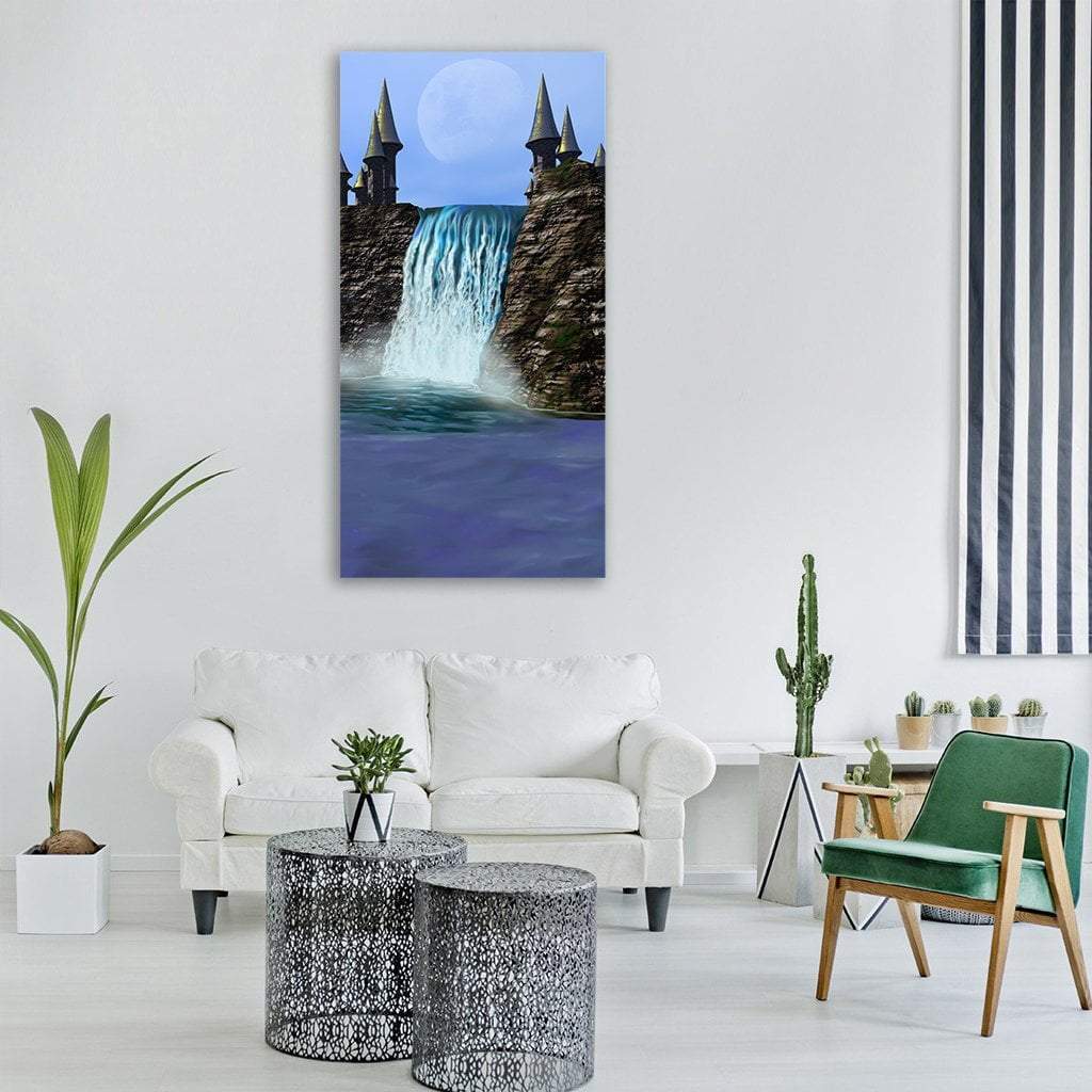 Waterfall In Fantasy Castle Vertical Canvas Wall Art-1 Vertical-Gallery Wrap-12" x 24"-Tiaracle