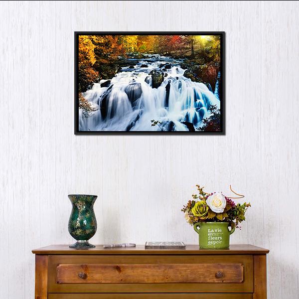 Waterfall In Forest Canvas Wall Art-1 Piece-Floating Frame-24" x 16"-Tiaracle