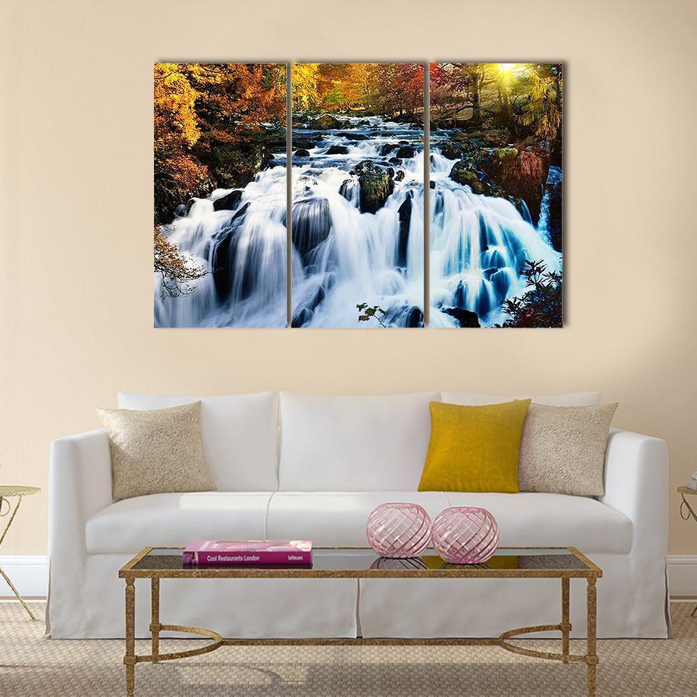 Waterfall In Forest Canvas Wall Art-3 Horizontal-Gallery Wrap-37" x 24"-Tiaracle