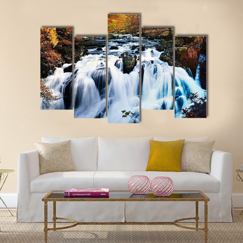 Waterfall In Forest Canvas Wall Art-5 Pop-Gallery Wrap-47" x 32"-Tiaracle