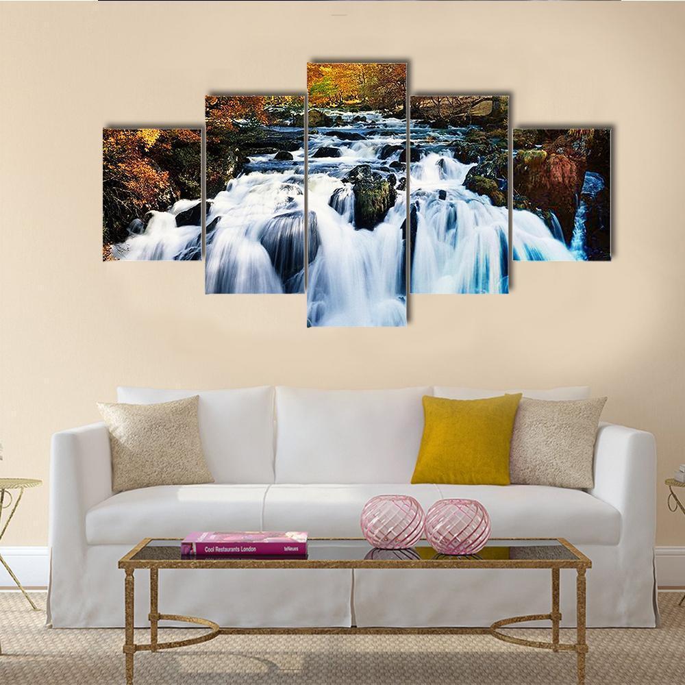 Waterfall In Forest Canvas Wall Art-5 Star-Gallery Wrap-62" x 32"-Tiaracle