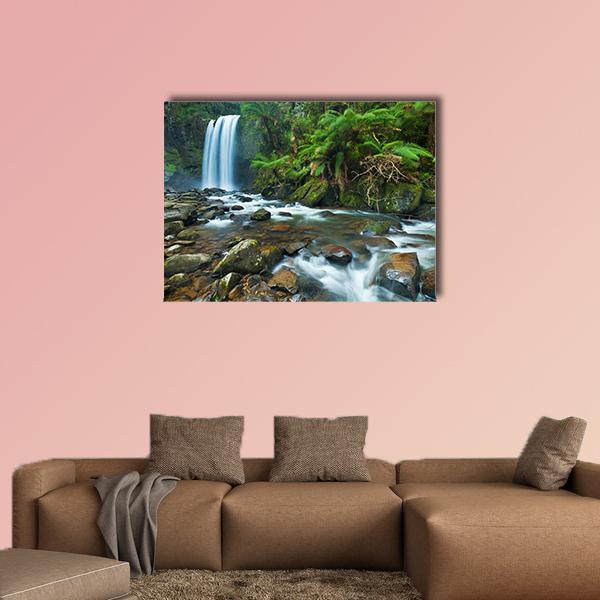 Hopetoun Falls, Great Otway National Park Canvas Wall Art in white, brown and green, single panel hung on a wall