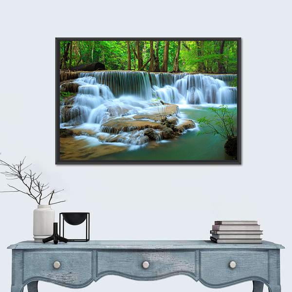 Waterfall In Green Forest Kanchanaburi Thailand Canvas Wall Art-1 Piece-Floating Frame-24" x 16"-Tiaracle