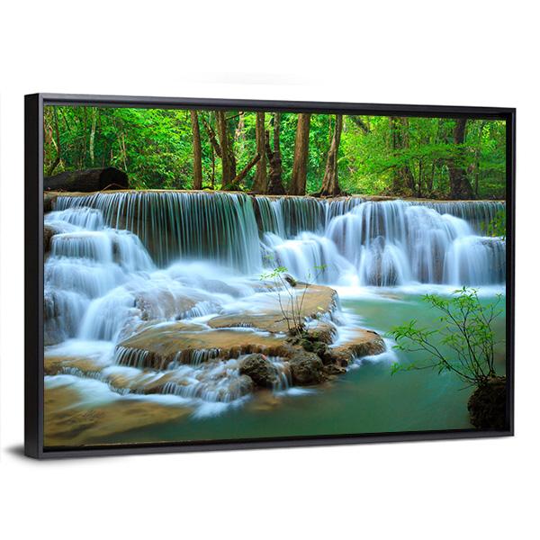 Waterfall In Green Forest Kanchanaburi Thailand Canvas Wall Art-3 Horizontal-Gallery Wrap-25" x 16"-Tiaracle