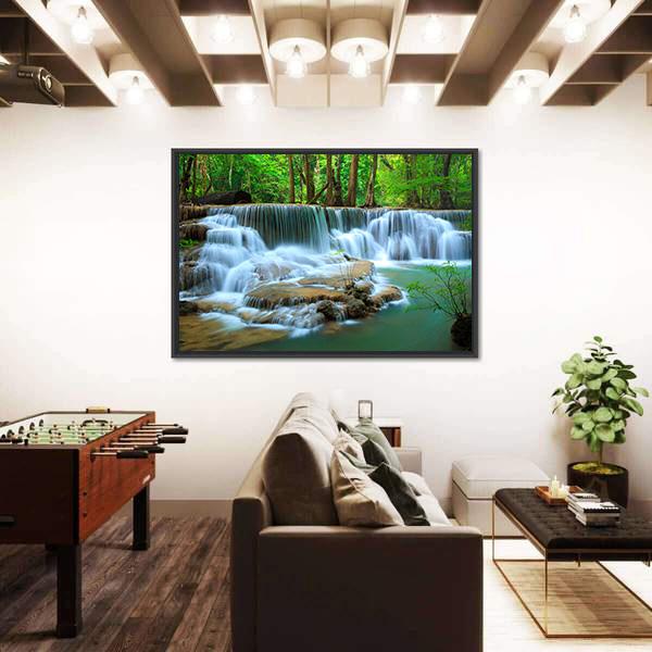 Waterfall In Green Forest Kanchanaburi Thailand Canvas Wall Art-3 Horizontal-Gallery Wrap-25" x 16"-Tiaracle
