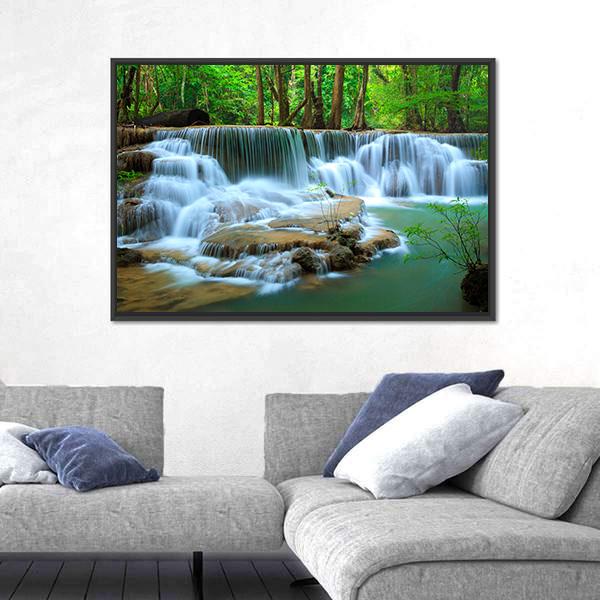 Waterfall In Green Forest Kanchanaburi Thailand Canvas Wall Art-3 Horizontal-Gallery Wrap-25" x 16"-Tiaracle