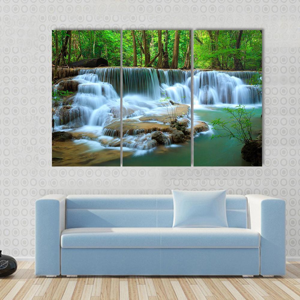 Waterfall In Green Forest Kanchanaburi Thailand Canvas Wall Art-3 Horizontal-Gallery Wrap-37" x 24"-Tiaracle