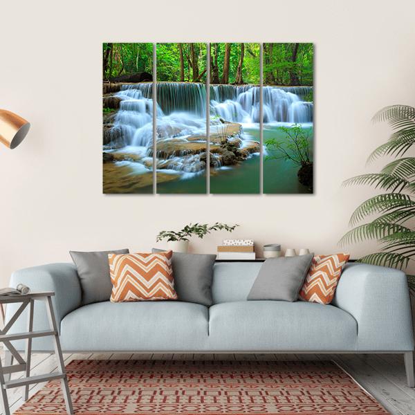 Waterfall In Green Forest Kanchanaburi Thailand Canvas Wall Art-4 Horizontal-Gallery Wrap-34" x 24"-Tiaracle