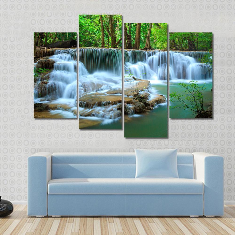 Waterfall In Green Forest Kanchanaburi Thailand Canvas Wall Art-4 Pop-Gallery Wrap-50" x 32"-Tiaracle