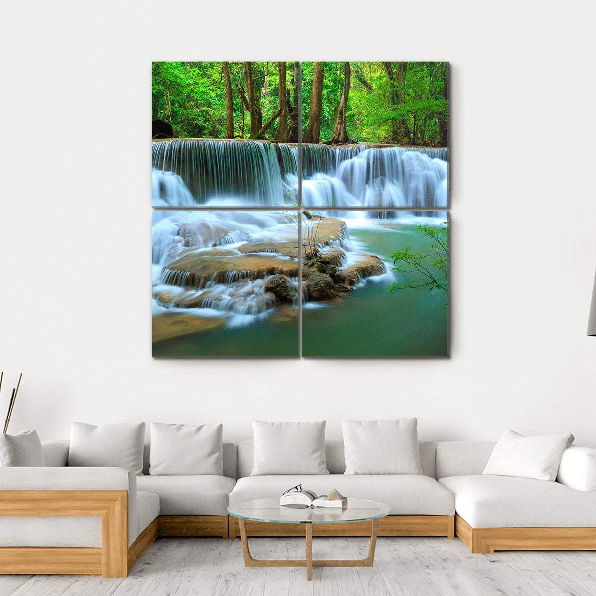 Waterfall In Green Forest Kanchanaburi Thailand Canvas Wall Art-4 Square-Gallery Wrap-17" x 17"-Tiaracle