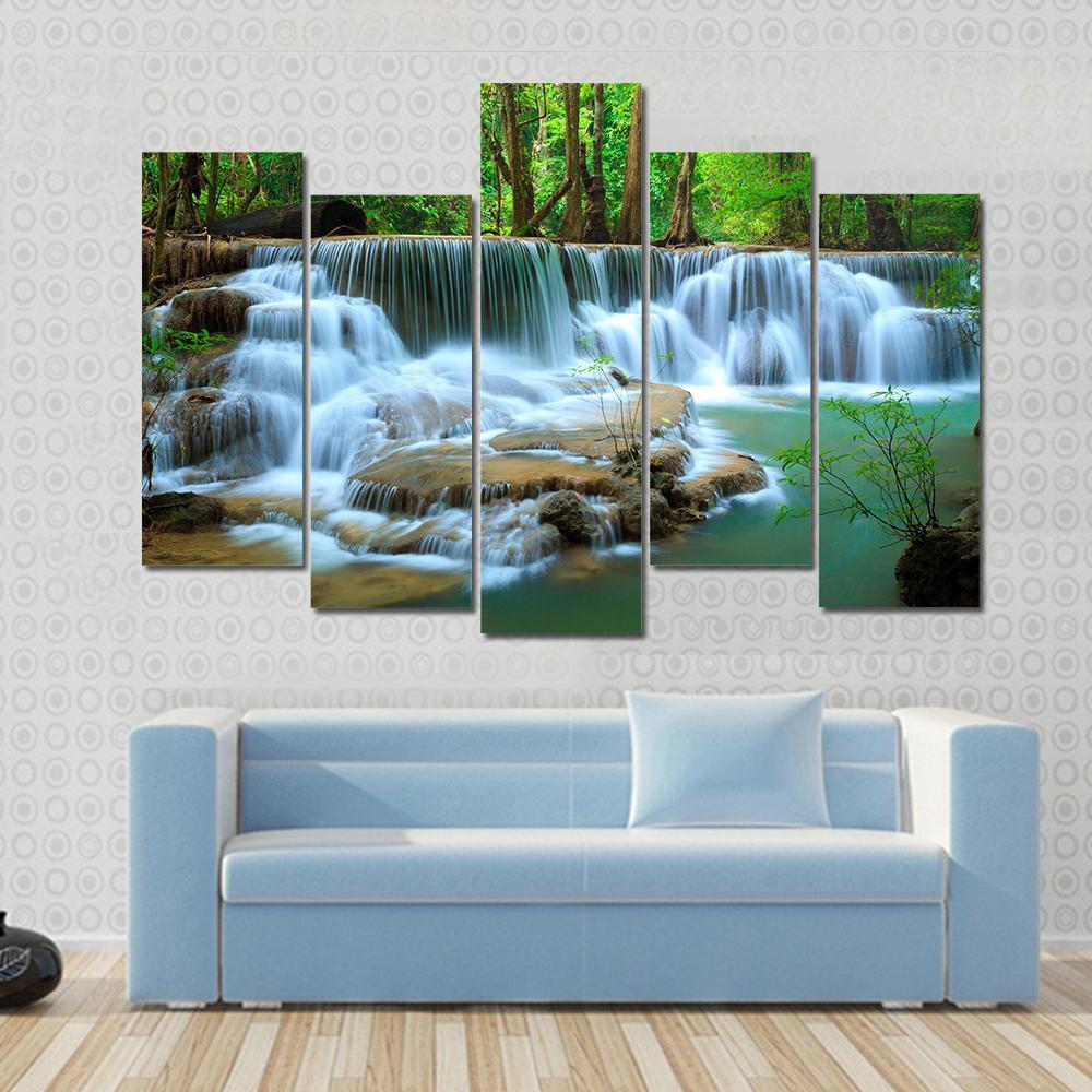 Waterfall In Green Forest Kanchanaburi Thailand Canvas Wall Art-5 Pop-Gallery Wrap-47" x 32"-Tiaracle