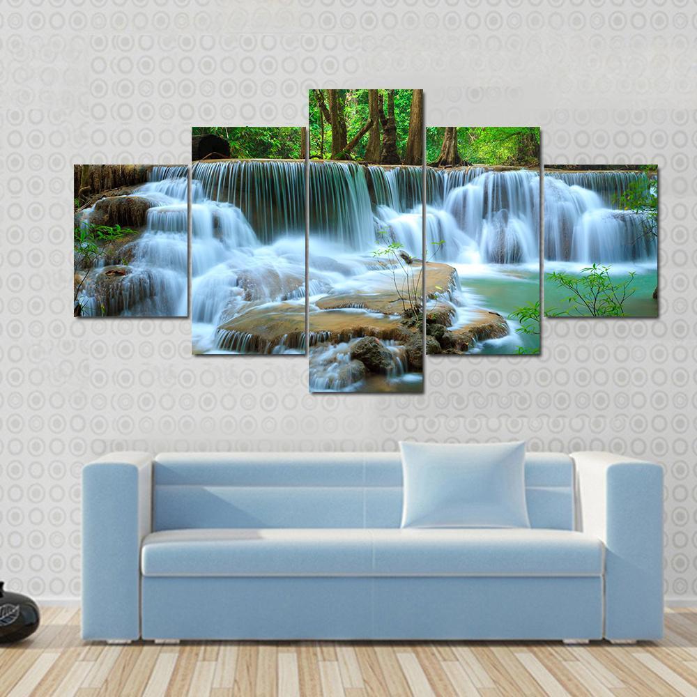 Waterfall In Green Forest Kanchanaburi Thailand Canvas Wall Art-5 Star-Gallery Wrap-62" x 32"-Tiaracle