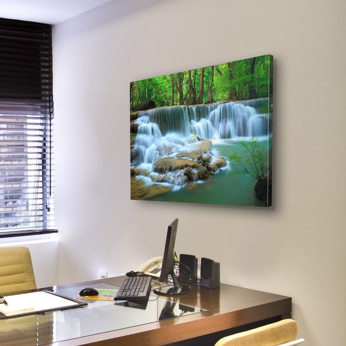 Waterfall In Green Forest Kanchanaburi Thailand Canvas Wall Art-3 Horizontal-Gallery Wrap-25" x 16"-Tiaracle