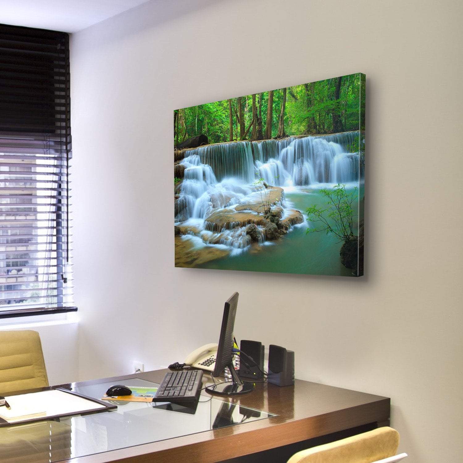 Waterfall In Green Forest Kanchanaburi Thailand Canvas Wall Art-3 Horizontal-Gallery Wrap-25" x 16"-Tiaracle