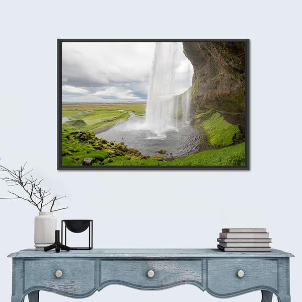Waterfall In Iceland Between Mountains From River Spring Canvas Wall Art-1 Piece-Floating Frame-24" x 16"-Tiaracle