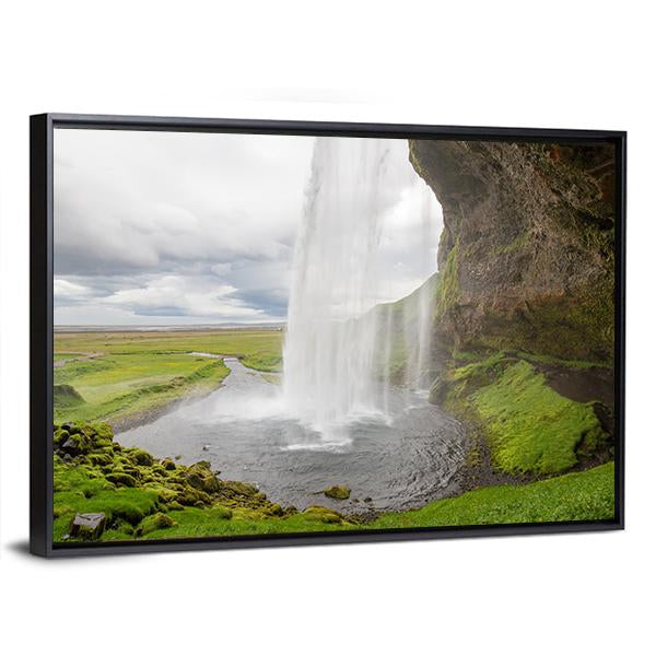 Waterfall In Iceland Between Mountains From River Spring Canvas Wall Art-3 Horizontal-Gallery Wrap-25" x 16"-Tiaracle