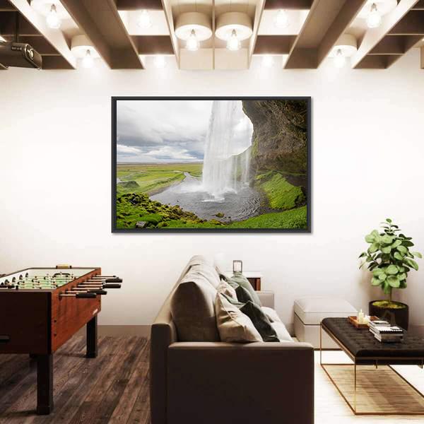 Waterfall In Iceland Between Mountains From River Spring Canvas Wall Art-3 Horizontal-Gallery Wrap-25" x 16"-Tiaracle
