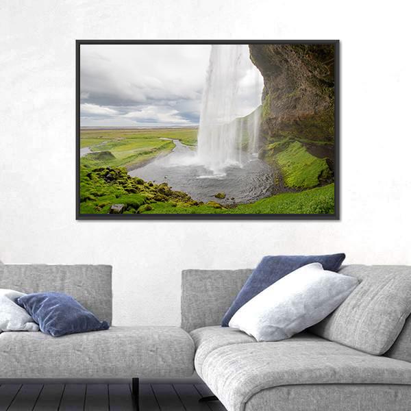 Waterfall In Iceland Between Mountains From River Spring Canvas Wall Art-3 Horizontal-Gallery Wrap-25" x 16"-Tiaracle
