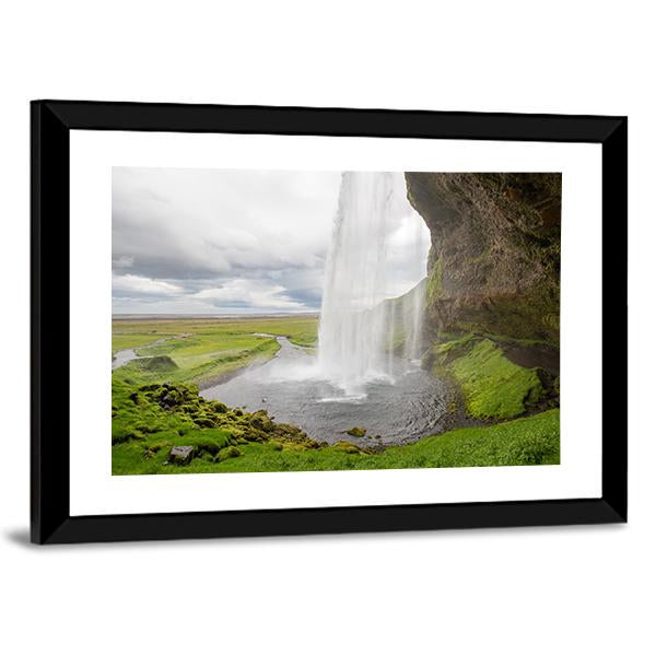 Waterfall In Iceland Between Mountains From River Spring Canvas Wall Art-3 Horizontal-Gallery Wrap-25" x 16"-Tiaracle