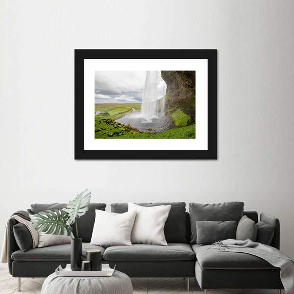 Waterfall In Iceland Between Mountains From River Spring Canvas Wall Art-3 Horizontal-Gallery Wrap-25" x 16"-Tiaracle